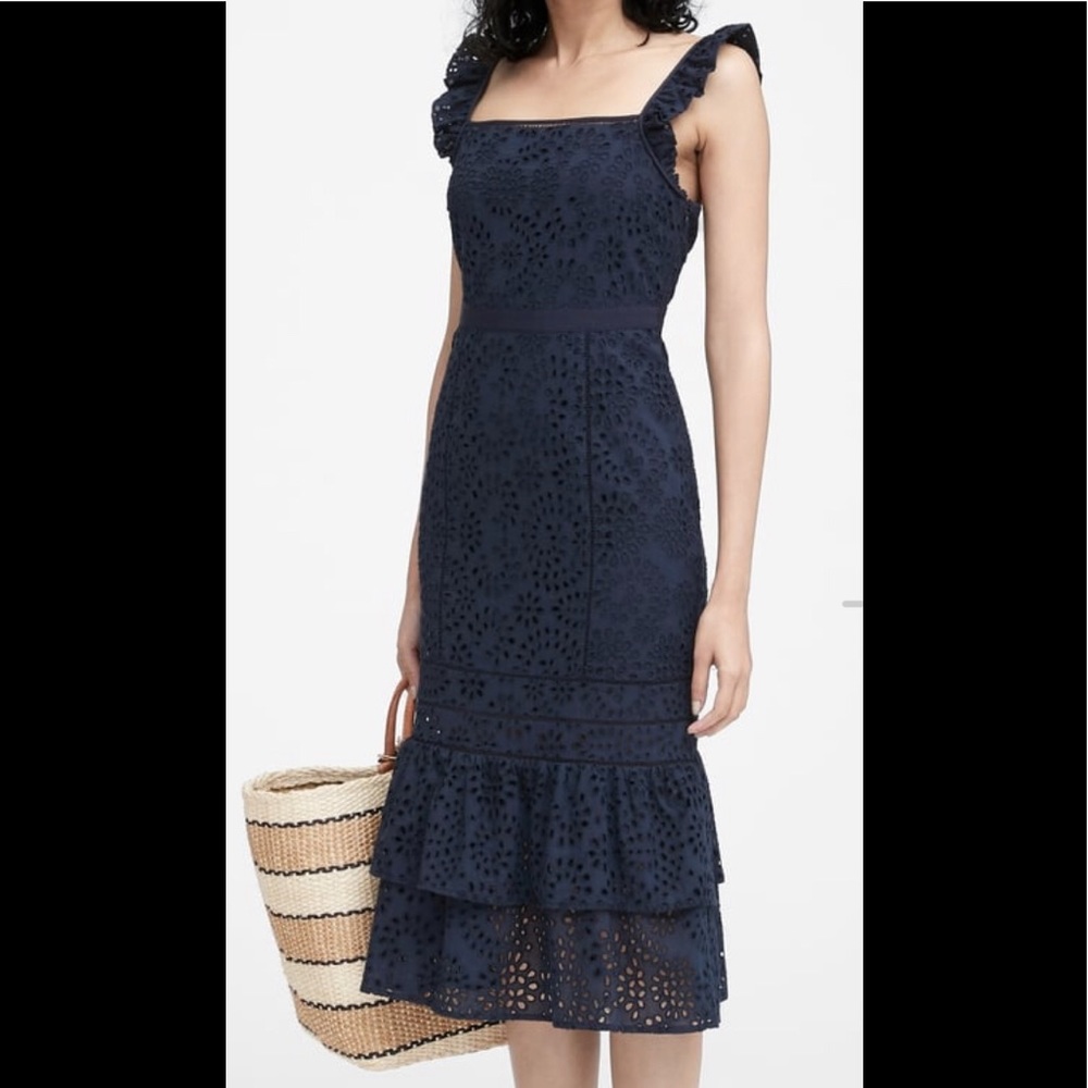 Banana Republic eyelet lace dress in navy. NWT